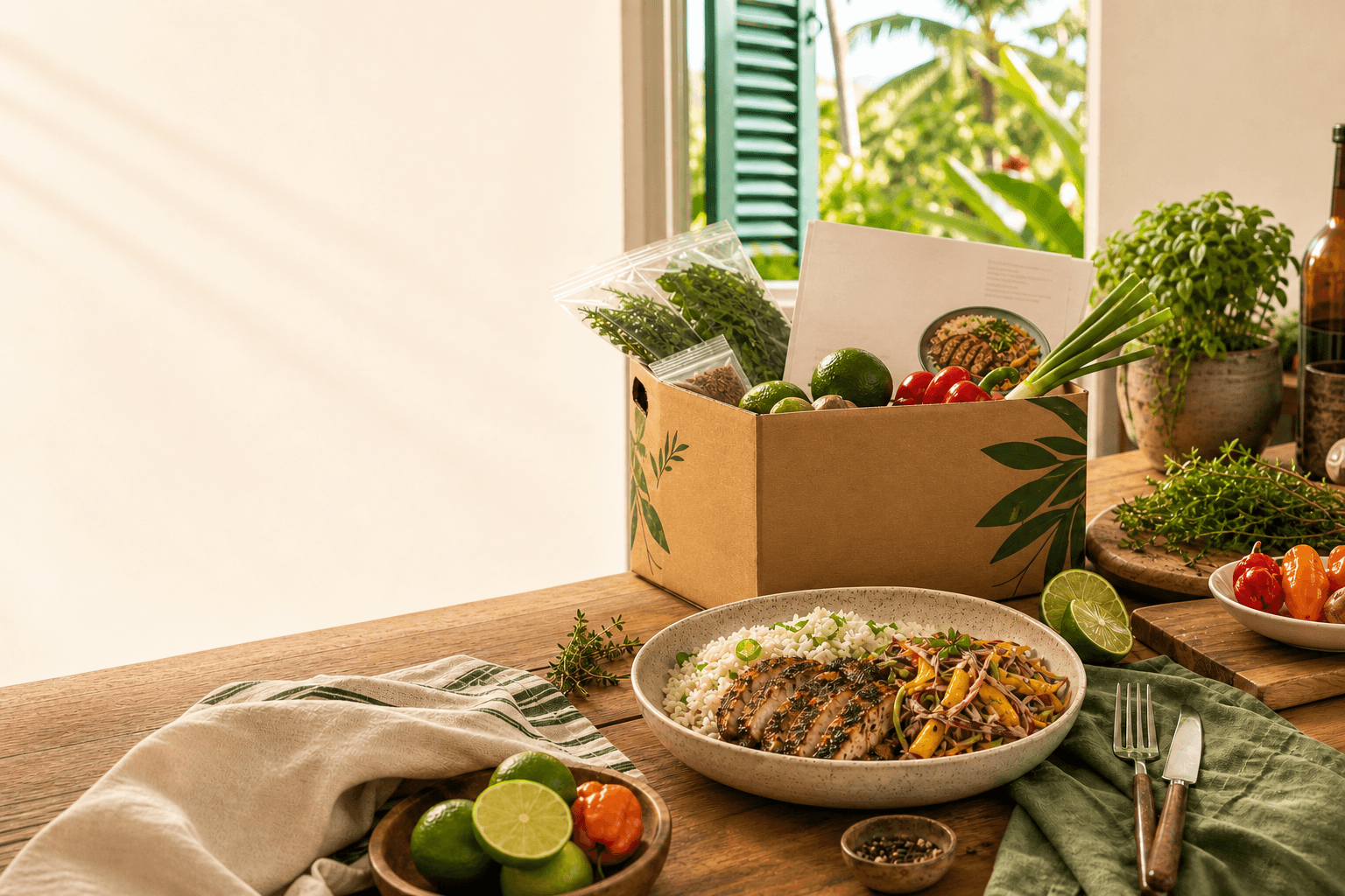 A Bikkle meal kit and a freshly prepared Jamaican dinner in a sunlit kitchen